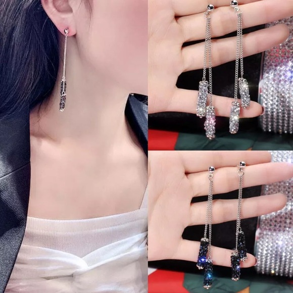 Shea Long Crystal Covered Tassel Earrings - Picture 2 of 5